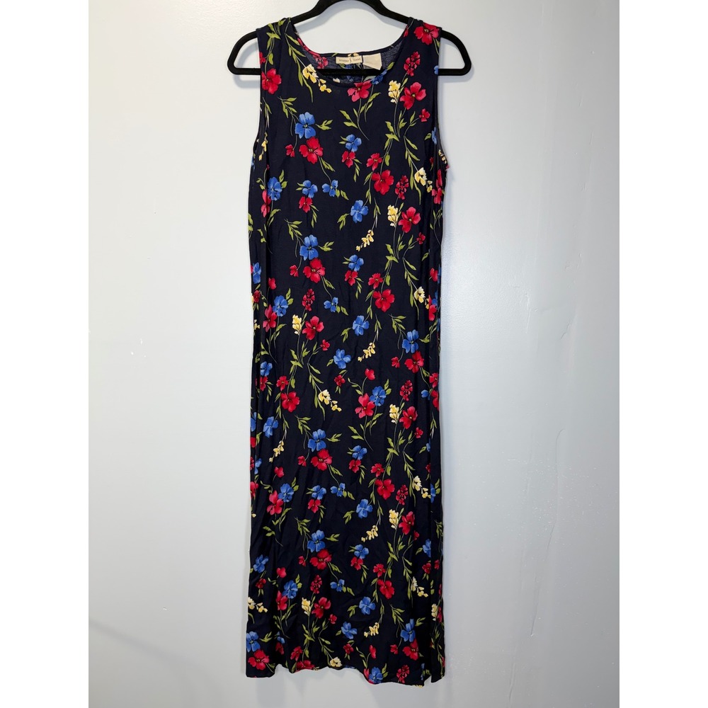 Vintage Studio Ease Floral Maxi Dress Navy Blue Rayon Sleeveless 90s Feminine 12